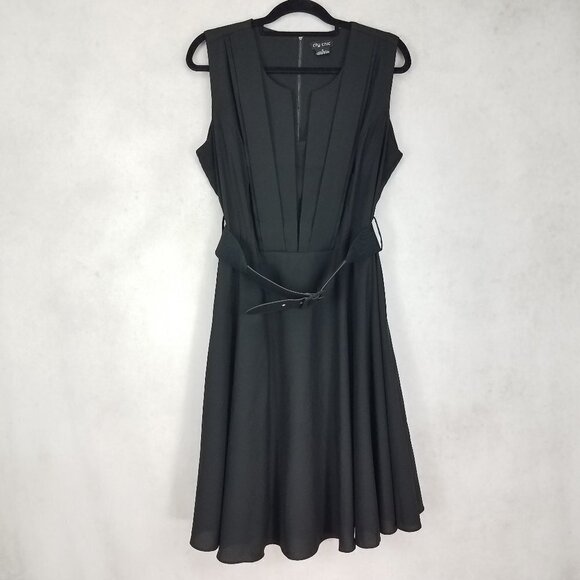 City Chic Plus Size S / 16 Belted Sleeveless Black Midi Fit & Flare Dress - Picture 1 of 12